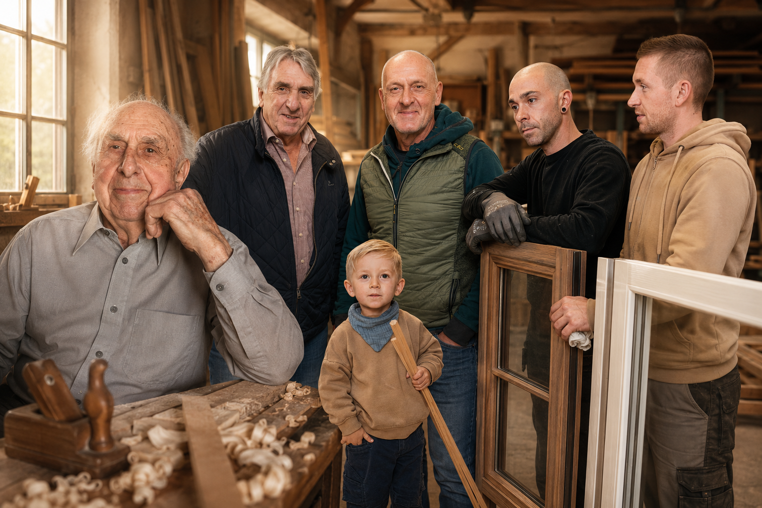 Drei Generationen der Familie Schnellbächer in der Werkstatt – Großvater, Vater, Sohn und Enkel